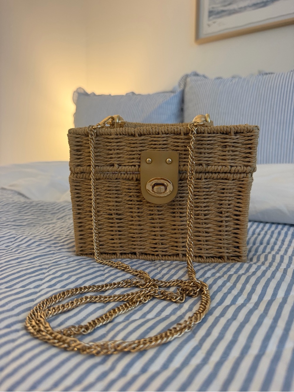 Amazon Woven Tan Crossbody Bag with Gold Chain